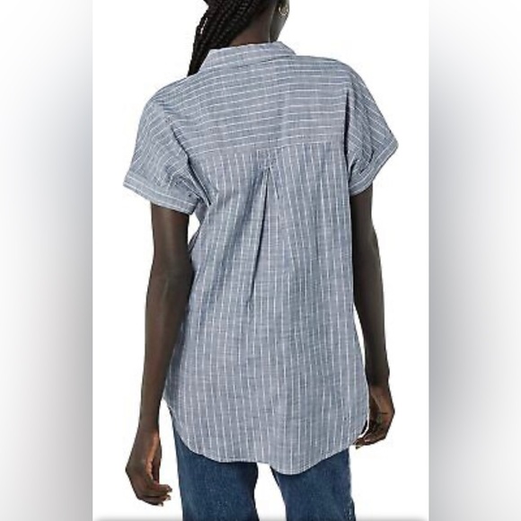 Women's Oversized Washed Cotton Short-Sleeve Tunic, Dark Blue/White Pinstripe - Picture 2 of 4